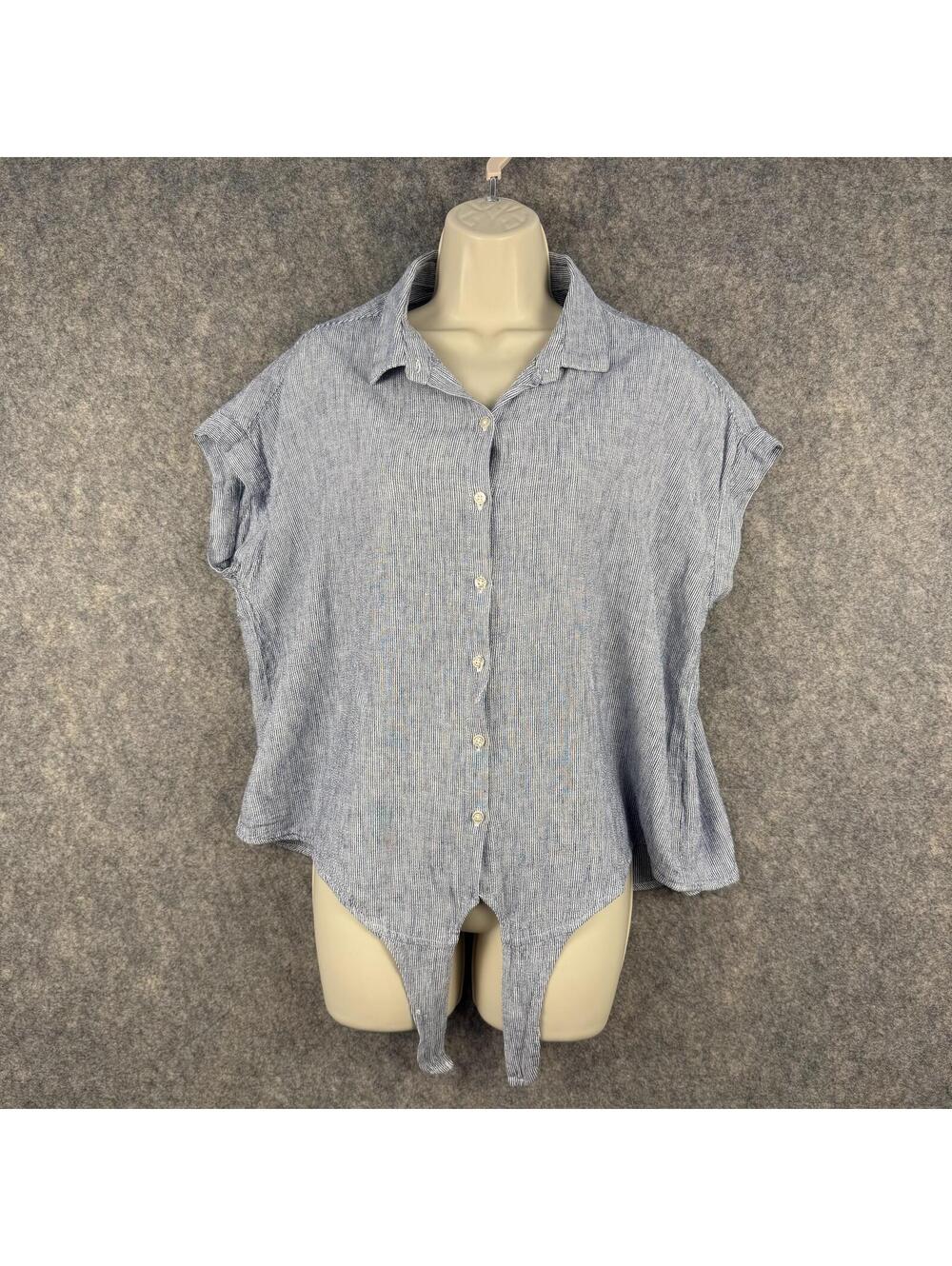 Blue White Striped Linen Tie Front Blouse Top Women Large Classic Timeless 542